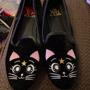 Black Cat Face Loafers with Pink Ears